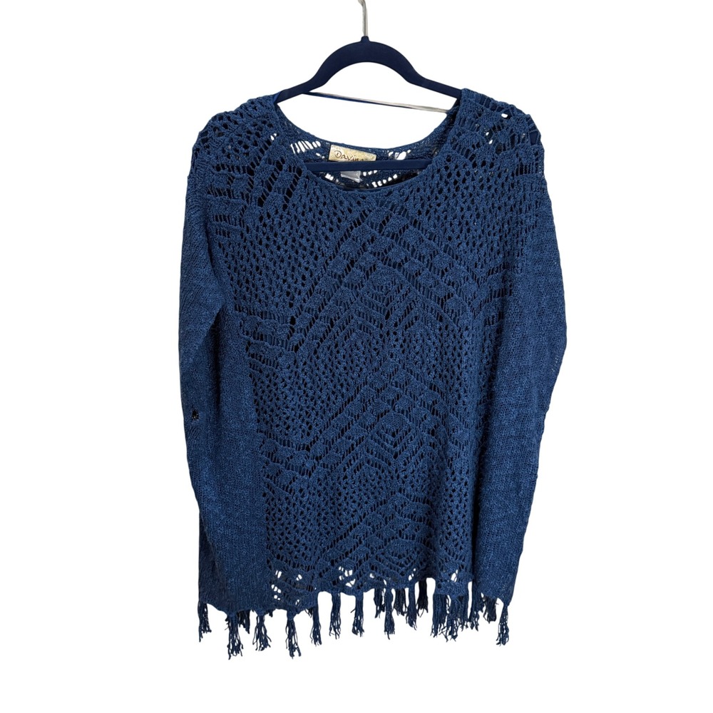 Davina Blue Crochet Knit Fringe Tassel Poncho Sweater Top Beach Boho Womens‎ O/S